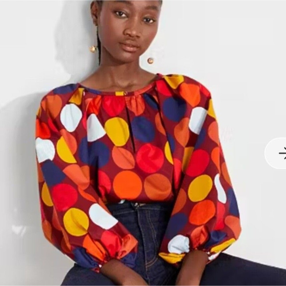Kate Spade Dot Party Poplin Top Blouse Small Colorful Polka Dot Puff Sleeve NWOT